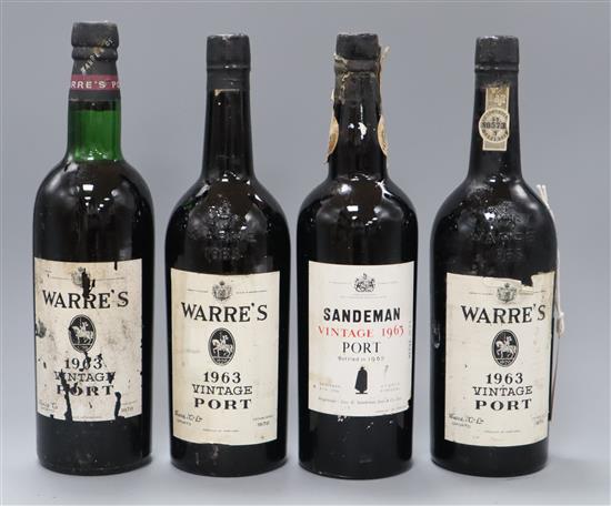 One bottle of Sandeman Port, 1963 and three bottles of Warres, 1963 (4)